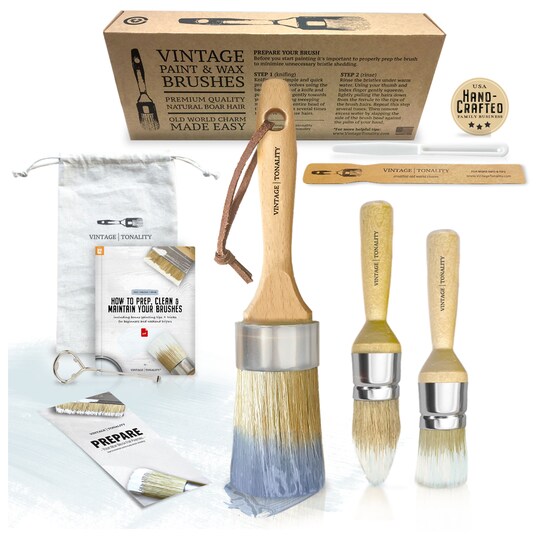 3 PCS Starter Chalk Paint Brush Set, Chalk Paint Brush for Furniture Painting or Waxing, Includes 3 Paint Brushes + Extras, Large and Small DIY Painting Projects, Vintage Tonality